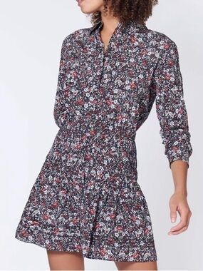 Veronica Beard Rory Stretch Silk Ditsy Floral Mini Shirt Dress Black Red Size 12